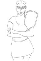 Woman in sports dress posing standing with pickleball racket. Continuous line on white background vector