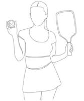 Continuous line of Pickleball player woman in sporty dress holding racket and ball in her hands vector