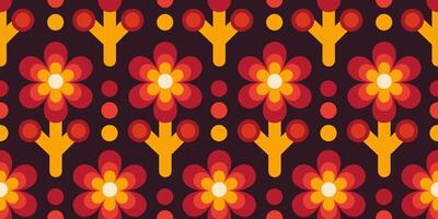 Seamless retro flower pattern with warm geometric petals in red, orange, and yellow on dark background. Perfect for fabric, wallpaper, packaging, and vintage-themed design projects. vector