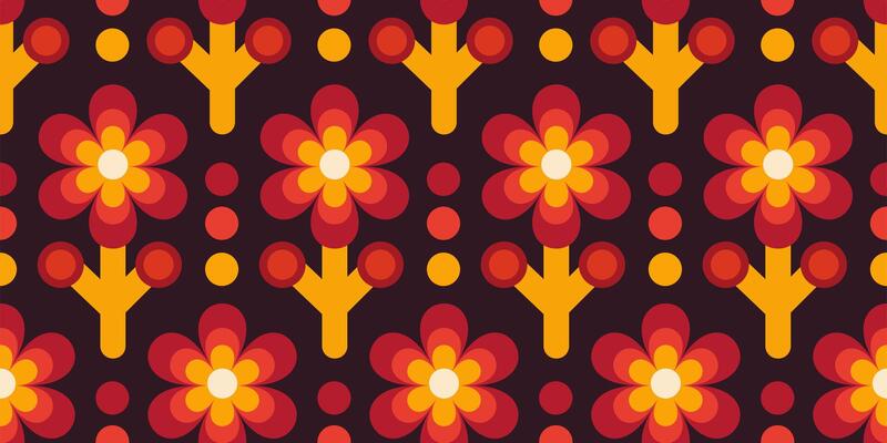 Seamless retro flower pattern with warm geometric petals in red, orange, and yellow on dark background. Perfect for fabric, wallpaper, packaging, and vintage-themed design projects.