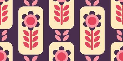 Seamless retro floral pattern with bold geometric flowers in pink, red and purple tones. Ideal for fabric, wallpaper, wrapping paper, vintage projects, and textile design. vector