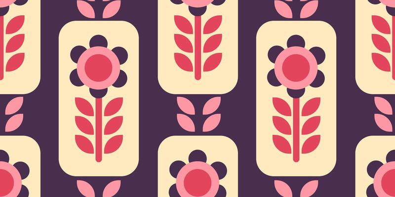 Seamless retro floral pattern with bold geometric flowers in pink, red and purple tones. Ideal for fabric, wallpaper, wrapping paper, vintage projects, and textile design.