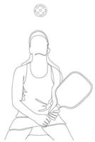 Woman in sports dress and cap stands in dynamic pose and plays pickleball. Continuous line. Ideal for sport, pickleball, active lifestyle, and modern graphic design themes. vector
