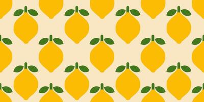 Bright seamless pattern of stylized lemons with green leaves on a light background. Simple flat design. Perfect for textiles, wallpapers, wrapping paper, and summer-themed projects. vector
