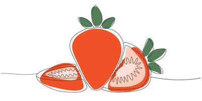 Black outline strawberries whole, halved, and thin slices. Minimal hand drawn fruit set on white background. vector