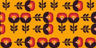Vintage seamless pattern with graphic floral elements and bold geometry in warm hues. Perfect for wallpapers, textile prints, packaging, and mid-century modern design projects. vector