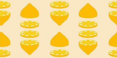 seamless pattern of yellow lemon slices on soft beige background. Bright citrus design in flat style. Ideal for summer textiles, packaging, wrapping paper, and fresh food themes. vector