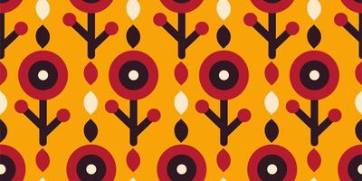 Seamless vintage floral pattern with abstract red flowers and geometric stems on bold orange background. Great for textile, wallpaper, wrapping paper, retro projects, and surface design. vector