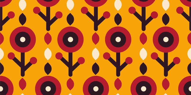 Seamless vintage floral pattern with abstract red flowers and geometric stems on bold orange background. Great for textile, wallpaper, wrapping paper, retro projects, and surface design.