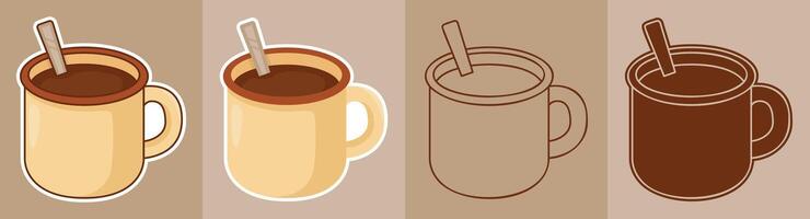 Three Types of Cartoon Style Sticker of Cups with Hot Chocolate or Coffee Inside vector