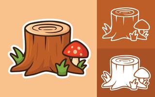Three styles of Cartoon Tree Stump with Mushroom and Grass vector