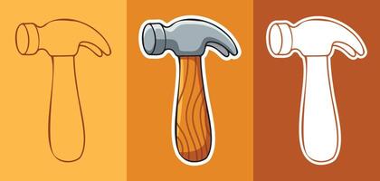 Three types of Cartoon Style Sticker of Hammer with Wood Handle vector