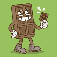 Retro Cartoon Character Illustration of Chocolate Bar Holding Chocolate. To Commemorate World Chocolate Day vector
