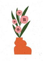 Minimal hand drawn flower bouquet in terracotta vase on white background, perfect for modern prints or decor. vector