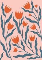 floral pattern with red tulips and blue leaves on pink background. Hand drawn spring flowers. Perfect for surface design, textile, and wrapping paper. vector