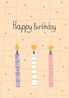 Hand drawn birthday artwork with three colorful candles on a soft peach grid background. Each candle has a unique topper flame, heart, and star. Minimalist and playful design perfect vector