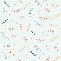 Hand drawn seamless pattern with colorful party streamers and stars. Minimal and playful celebration background, ideal for birthday designs, wrapping paper, kids projects, and festive decor. vector