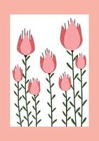 floral illustration with hand drawn pink tulip-like flowers on stems for modern wall art, nursery decor, spring prints and botanical design projects vector