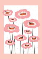 Whimsical hand drawn pink flowers with long green stems on a soft background. vector