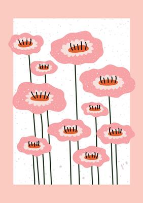 Whimsical hand drawn pink flowers with long green stems on a soft background.