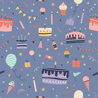 Hand drawn seamless pattern with birthday cakes, candles, cupcakes, balloons, gifts, and festive sweets. Playful and whimsical design perfect for party-themed prints, wrapping paper vector