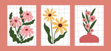 Minimal hand drawn floral posters featuring whimsical flowers in soft colors. Three botanical illustrations with organic shapes, vases, and leaves on a simple grid background vector
