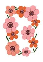 Whimsical hand drawn floral frame with soft pink and orange tones. vector