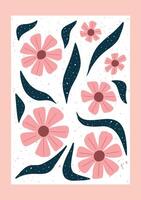 Hand drawn floral design with playful pink flowers and green leaves on a clean white background. Minimal, modern, and cheerful style for wall art, nursery decor, or digital use. vector