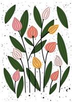 Hand drawn pastel buds with green leaves on white texture background. vector
