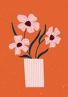 Whimsical flowers in a striped vase on bright orange background. Playful and hand drawn. vector