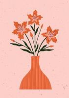 Hand drawn orange lilies in a modern vase on soft background. vector