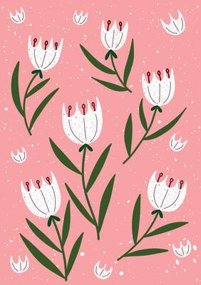 Hand drawn floral pattern with white tulips and green leaves on pink.