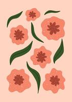 Hand drawn coral flowers and green leaves on soft peach background. vector