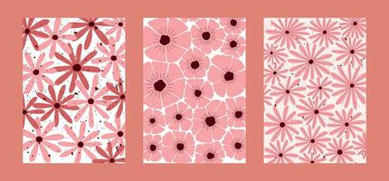 floral pattern set with hand drawn daisy and poppy flowers in pink and red palette for fabric, wrapping paper, wallpaper and spring decor vector
