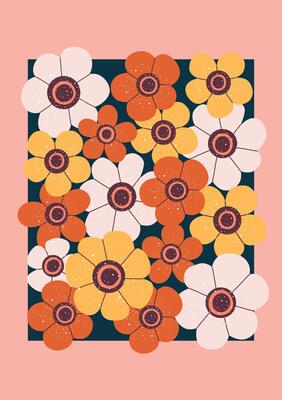 Colorful hand drawn retro flowers in warm vintage palette on dark background.