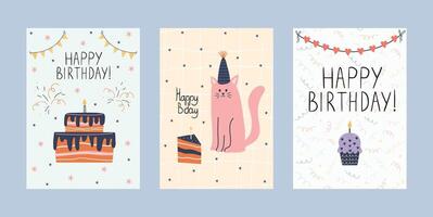 Cute hand drawn birthday greeting cards set. Three whimsical designs featuring cakes, cupcakes, and a pink party cat with party hats, garlands, and confetti. Playful and cheerful style in pastel color vector
