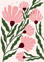 Hand drawn botanical artwork with tall pink flowers and flowing green leaves. Modern flat floral composition with textured background. Ideal for nursery prints, wall art, or surface design. vector