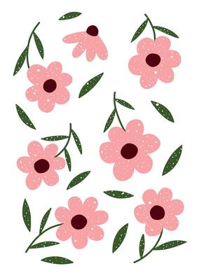 Hand drawn flower design playful pink flowers and green leaves on a clean white background. Minimal, modern, and cheerful style for wall art, nursery decor