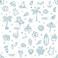 Seamless summer vacation pattern with hand drawn beach doodles including swimwear, cocktails, shells, palms and ocean elements on white background vector