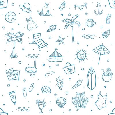Seamless summer vacation pattern with hand drawn beach doodles including swimwear, cocktails, shells, palms and ocean elements on white background