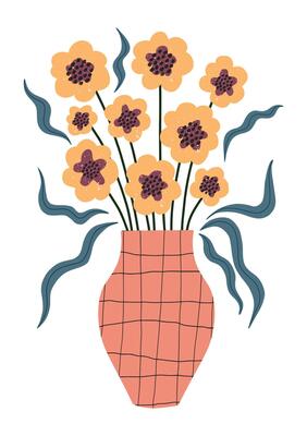 floral vase illustration with hand drawn yellow flowers, blue leaves and checkered terracotta pot for modern wall art, home decor and boho printable design