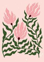 Hand drawn floral illustration with bold pink petals and wavy green leaves. Playful dotted texture and whimsical botanical forms on soft pastel background. Perfect for modern prints, wall decor vector