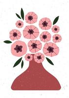 Hand drawn bouquet of pink flowers in a red vase with scattered leaves. vector
