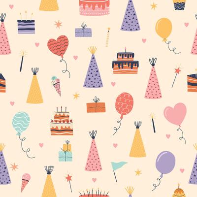 Hand drawn seamless birthday pattern with cakes, balloons, gifts, party hats, candles, and sparkles. Cute and festive doodle style, perfect for kids party design, wrapping paper, or surface decoration