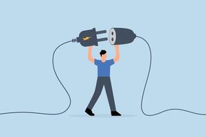 Business continuity, business manager plugs in power cord to continue business. vector
