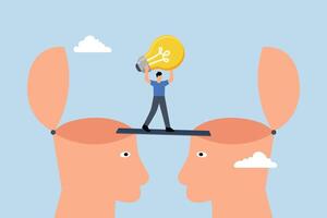 Knowledge transfer, entrepreneur holding light bulb strolls across bridge connecting two human brains. vector