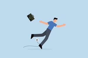 clumsy businessman tripping over power cord electrical plug that fell to the floor. vector