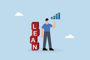 entrepreneur presents growth graph resting on pile of boxes labeled LEAN and finished rocket model. vector