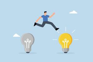 Business transformation, entrepreneur leaps from outdated to a brilliant new lighting concept. vector