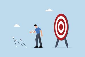 Learn from failure, entrepreneur with a book reflecting on missed goals, analyzing errors. vector